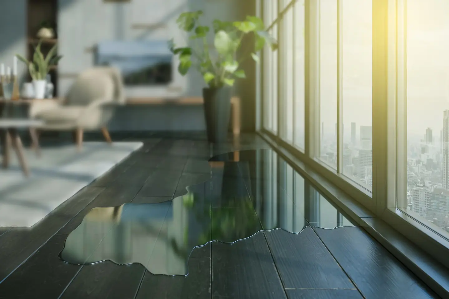 Standing water across a living room’s wood floor, the first job in water damage restoration